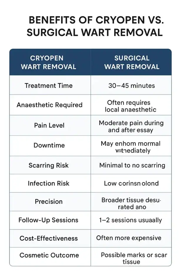 Table showing the benefits of cryopen to remove warts Stowmarket compared to surgical treatment